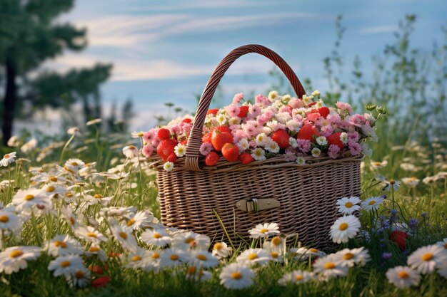 Vista de uma cesta com flores de primavera em flor