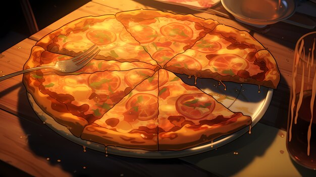 Vista de uma deliciosa pizza em estilo anime