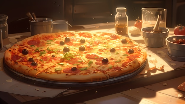 Vista de uma deliciosa pizza em estilo anime
