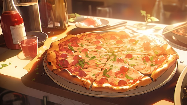 Vista de uma deliciosa pizza em estilo anime