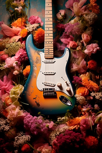 Vista de uma guitarra com flores de primavera em flor