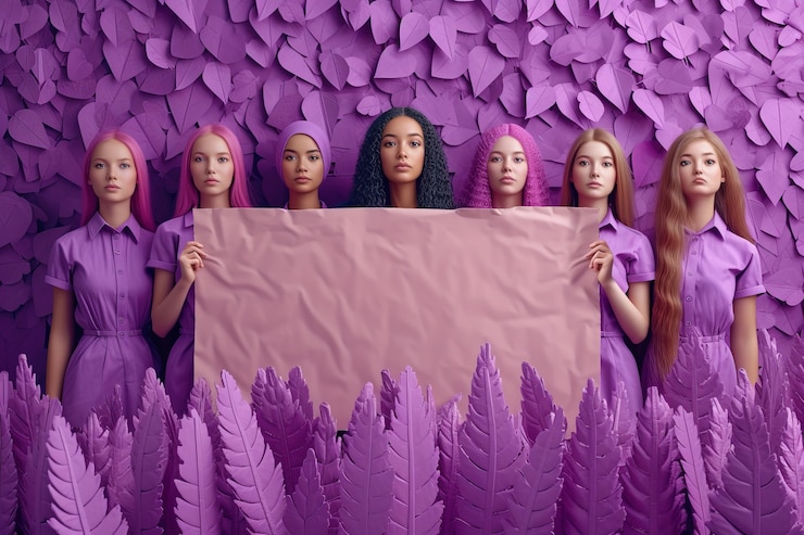 Foto grátis vista de uma mulher segurando um cartaz roxo em branco para a celebração do dia da mulher