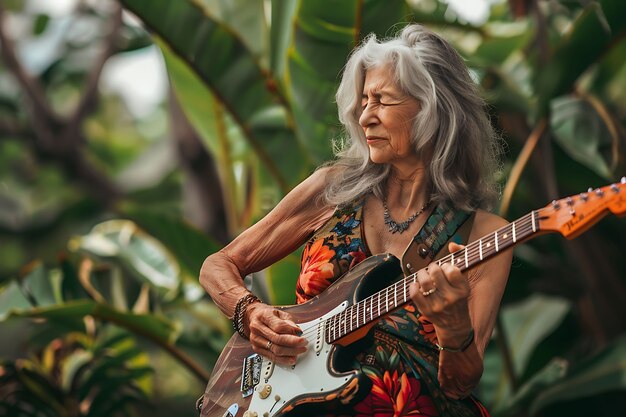 Foto grátis vista de uma mulher tocando um instrumento de guitarra elétrica