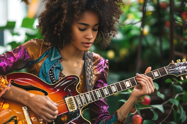 Foto grátis vista de uma mulher tocando um instrumento de guitarra elétrica