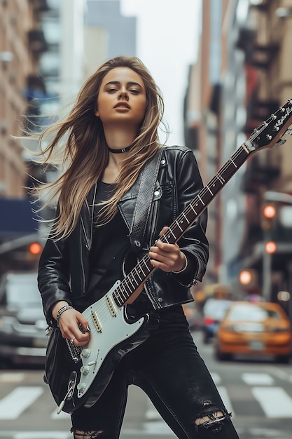 Vista de uma mulher tocando um instrumento de guitarra elétrica