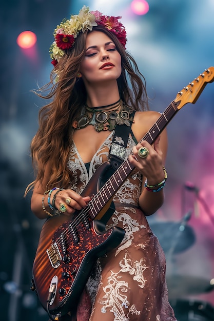 Foto grátis vista de uma mulher tocando um instrumento de guitarra elétrica