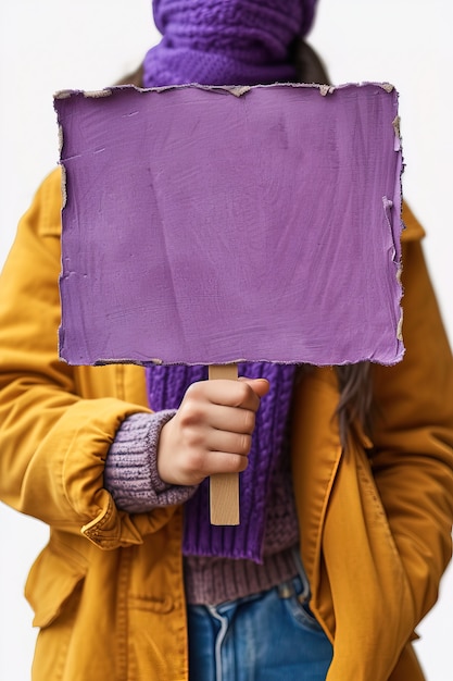 Vista de uma pessoa segurando um cartaz roxo em branco para a celebração do dia da mulher