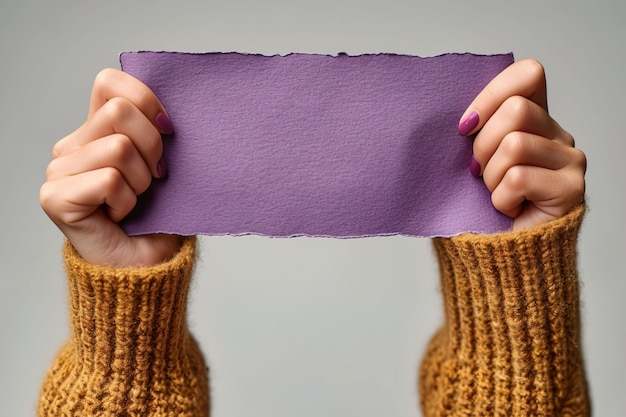 Foto grátis vista de uma pessoa segurando um cartaz roxo em branco para a celebração do dia da mulher