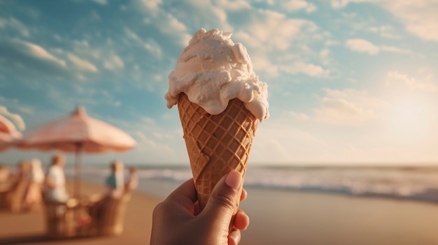 Foto grátis vista de uma pessoa segurando um cone de sorvete no verão