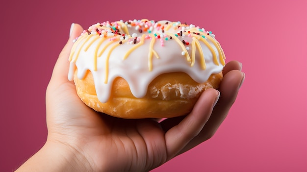 Foto grátis vista de uma pessoa segurando um delicioso donut esmaltado