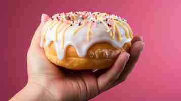 Foto grátis vista de uma pessoa segurando um delicioso donut esmaltado