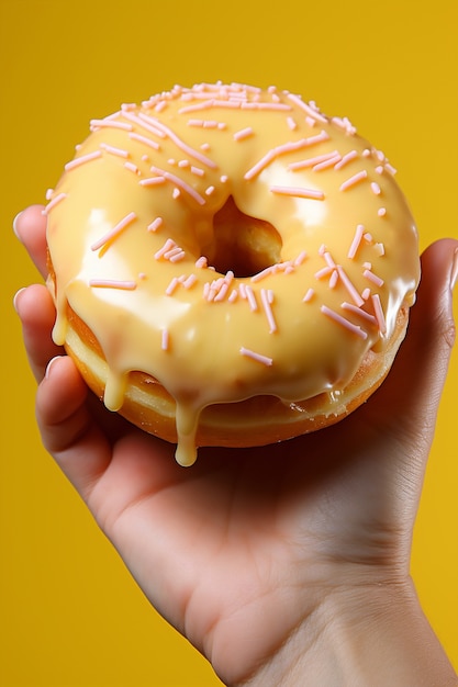 Foto grátis vista de uma pessoa segurando um delicioso donut esmaltado