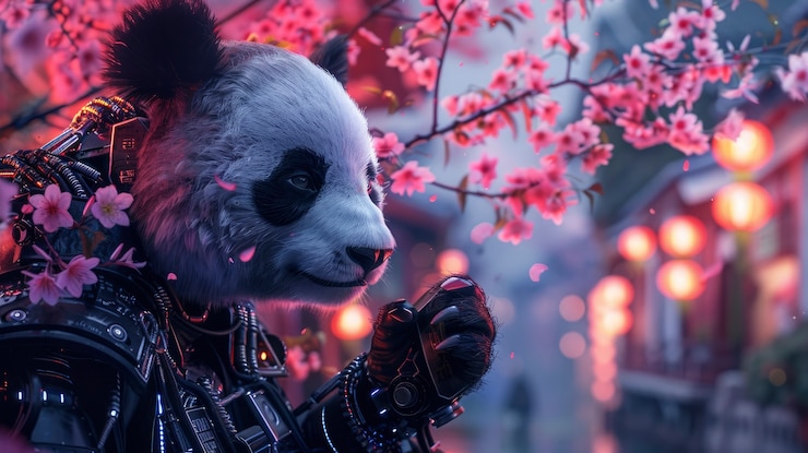 Foto grátis vista de urso panda com peças tecnológicas robóticas