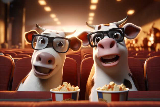Vista de vacas 3D no cinema assistindo a um filme