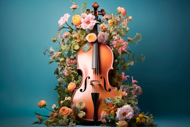 Foto grátis vista de violino com flores de primavera em flor