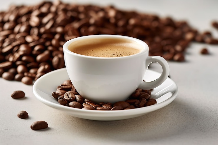 Foto grátis vista de xícara de café 3d com grãos torrados