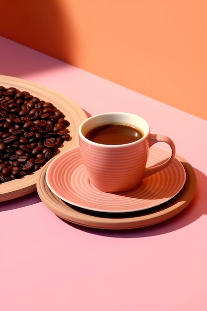 Vista de xícara de café 3D com grãos torrados