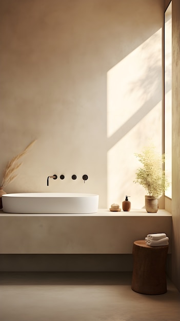 Vista do banheiro pequeno com decoração e móveis de estilo moderno