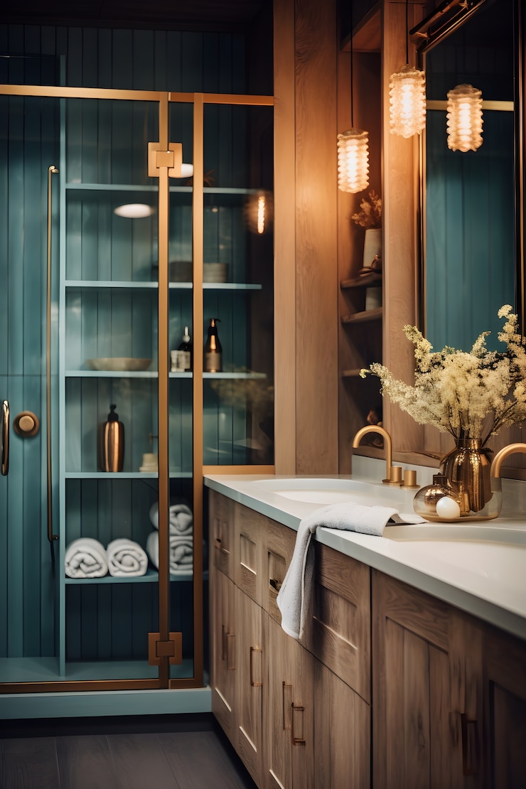 Foto grátis vista do banheiro pequeno com decoração e móveis de estilo moderno