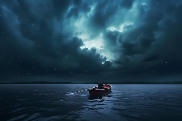 Vista do barco na água com mau tempo