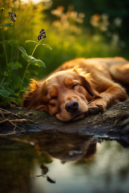 Foto grátis vista do cachorro fofo dormindo ao ar livre na natureza