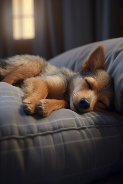 Vista do cachorro fofo dormindo na cama