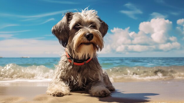 Vista do cão na praia no verão