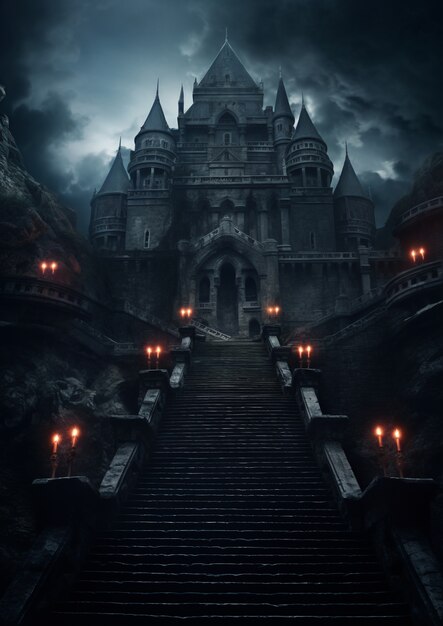 Vista do castelo à noite com atmosfera assustadora
