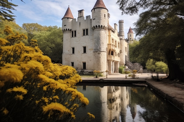 Foto grátis vista do castelo com lago e paisagem natural