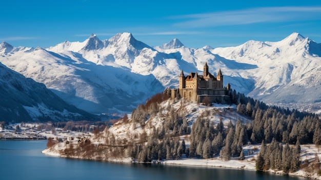 Foto grátis vista do castelo com paisagem natural de inverno