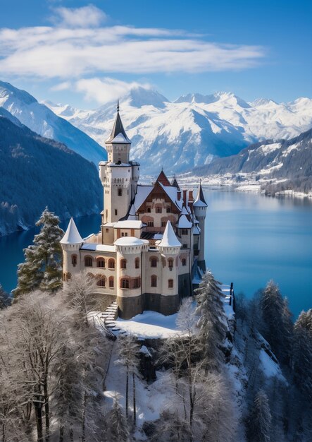 Vista do castelo com paisagem natural de inverno