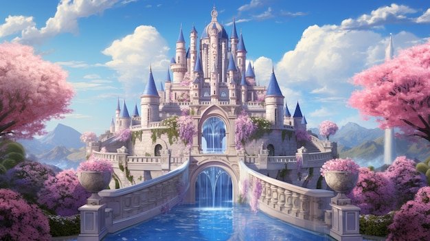 Vista do castelo de conto de fadas com natureza rosa