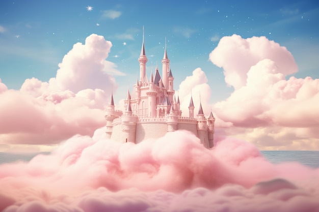 Vista do castelo de conto de fadas com nuvens cor de rosa