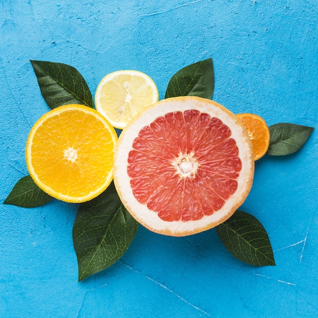 Vista do close-up de laranja e limão de toranja