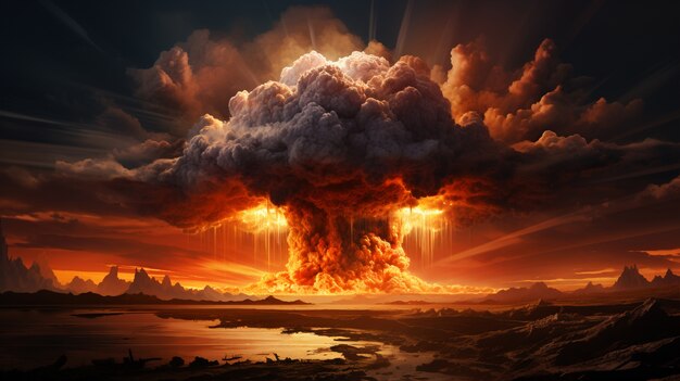 Vista do cogumelo apocalíptico da explosão da bomba nuclear