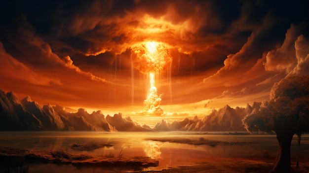 Vista do cogumelo apocalíptico da explosão da bomba nuclear