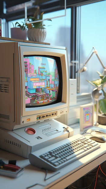 Foto grátis vista do computador retrô na estação de trabalho de mesa
