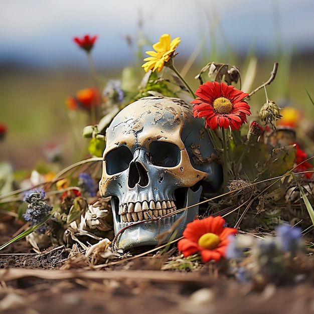 Vista do crânio esqueleto humano com flores