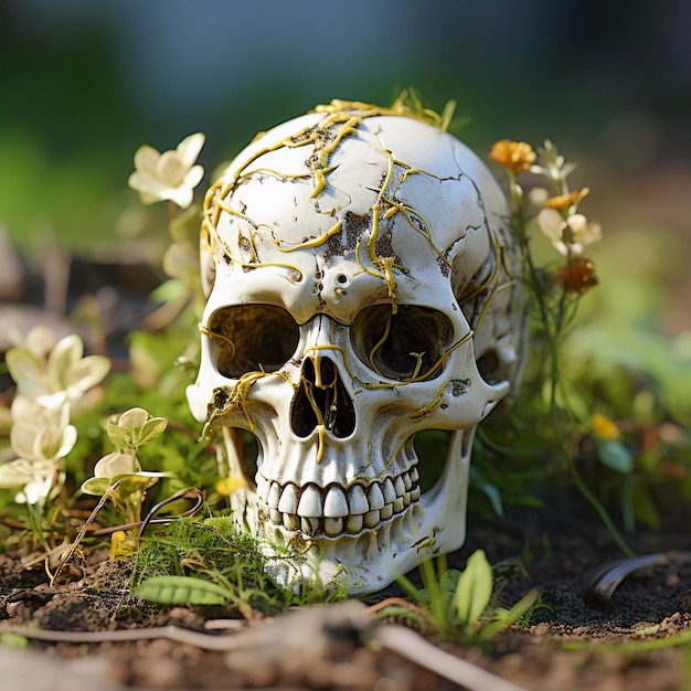 Foto grátis vista do crânio esqueleto humano com flores