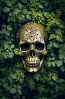 Foto grátis vista do crânio esqueleto humano com folhas