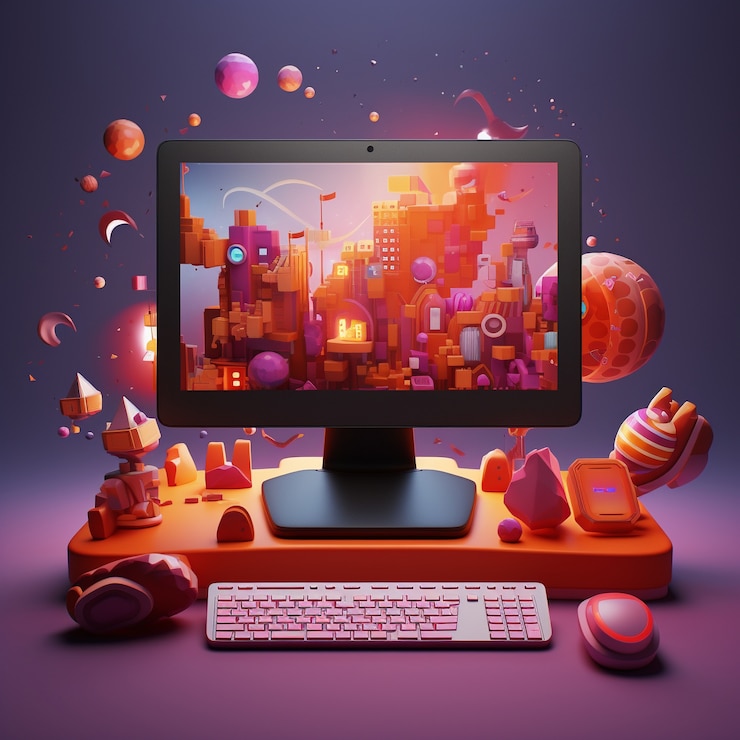 Foto grátis vista do dispositivo de computador 3d com dispositivos periféricos