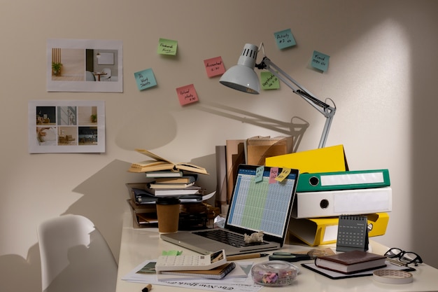 Vista do espaço de trabalho de escritório bagunçado com laptop