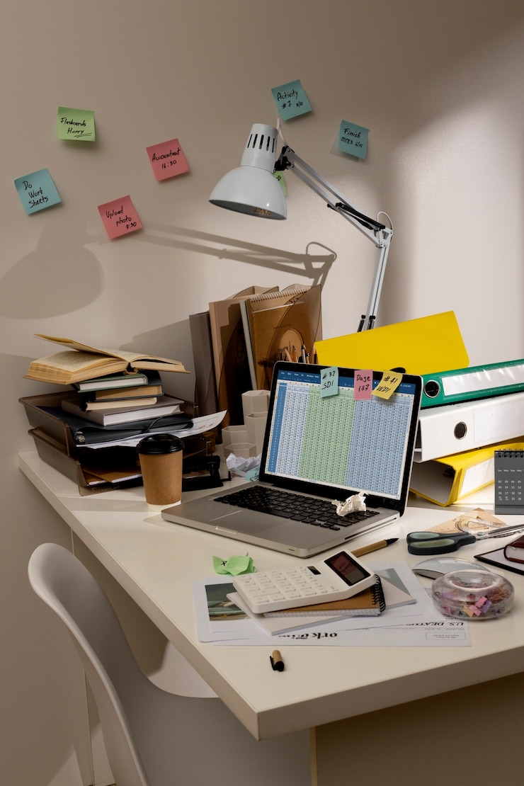 Foto grátis vista do espaço de trabalho de escritório bagunçado com laptop