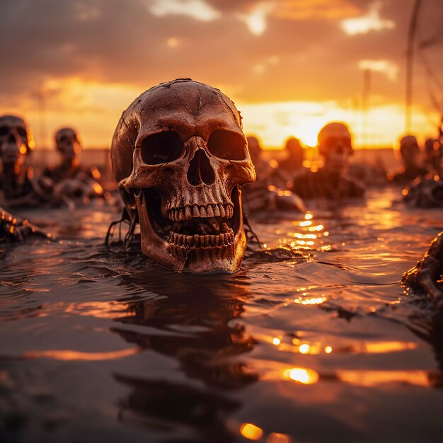 Vista do esqueleto do crânio emergindo da água