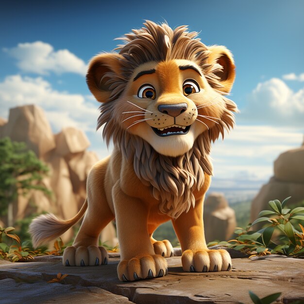 Vista do filhote de leão animado de desenho animado adorável 3d com fundo natural
