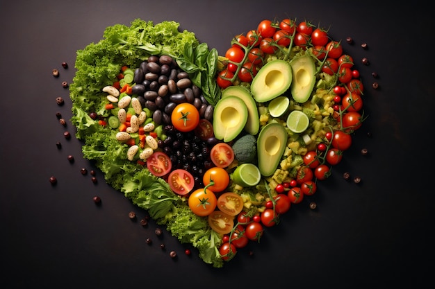 Vista do formato do coração com variedade de categorias de alimentos
