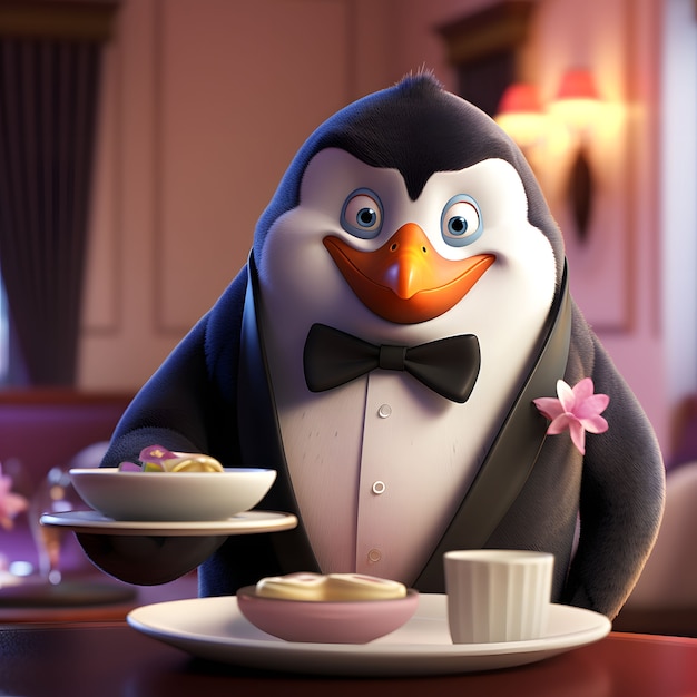 Foto grátis vista do garçom pinguim 3d animado de desenho animado