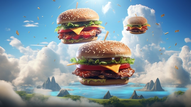 Vista do hambúrguer flutuante 3d com céu