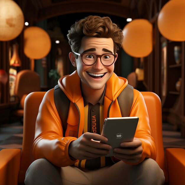 Vista do homem 3d sorridente usando tablet