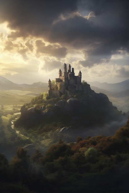 Vista do imponente castelo com paisagem natural